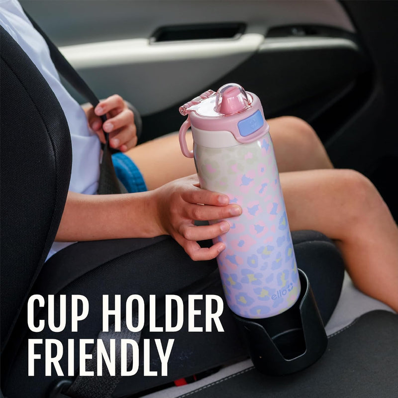 Ello Kids Pop & Fill 18oz Stainless Water Bottle, Sip or Chug, Cheetah | Insulated stainless steel kids water bottle with Quick Fill™ lid, sip straw, chug opening, leakproof lock, and BPA-free