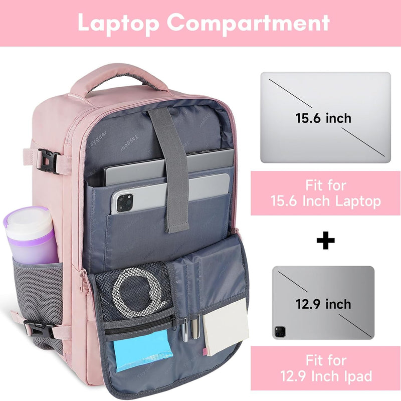Taygeer Travel Backpack for Women, Carry On Backpack with Water Bottle Pocket & Shoe Pouch, TSA 15.6inch Laptop Mochila Flight Approved, Nurse Bag Casual Daypack for Weekender Business Hiking, Pink