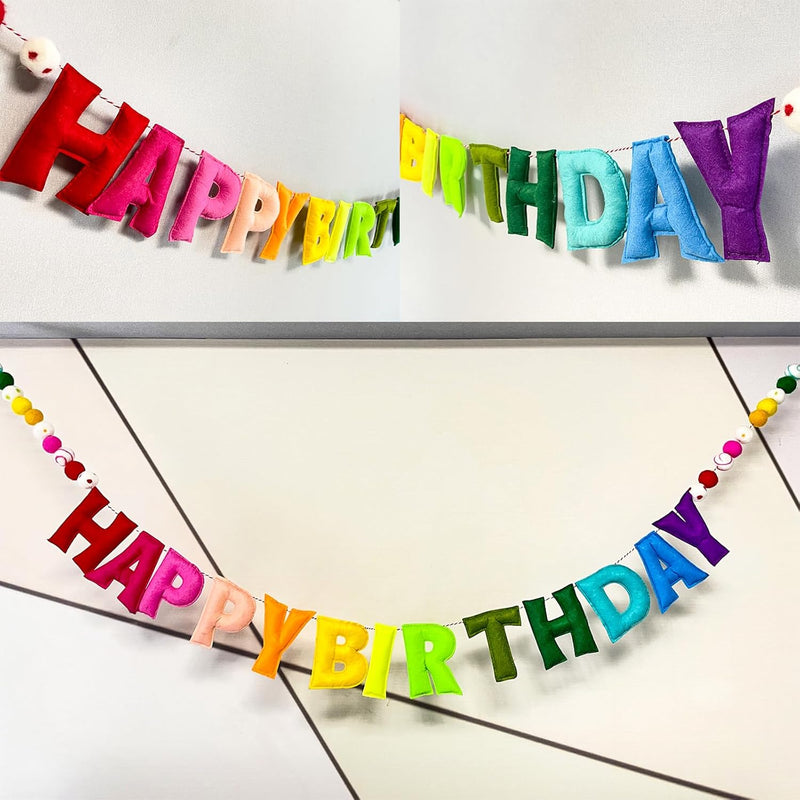 Pre-Strung Happy Birthday Banner - Felt Ball Garland, Reusable Rainbow Party Decorations for Kids Room Decor