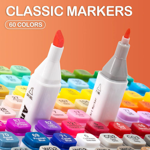 AnyMark Alcohol Markers, 60 Colors Dual Tip Art Coloring Markers Set for Adult Book Drawing Sketching Painting, Chisel & Fine, White Penholder