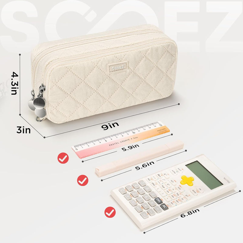 Sooez Cute Pencil Case, Aesthetic Pen Pencil Pouch, Extra Large Pencil Bag with Zipper, Special Pencil Holder Stationery Bag Marker Organizer, School Essentials Supplies for Girls Adult Teen, Beige