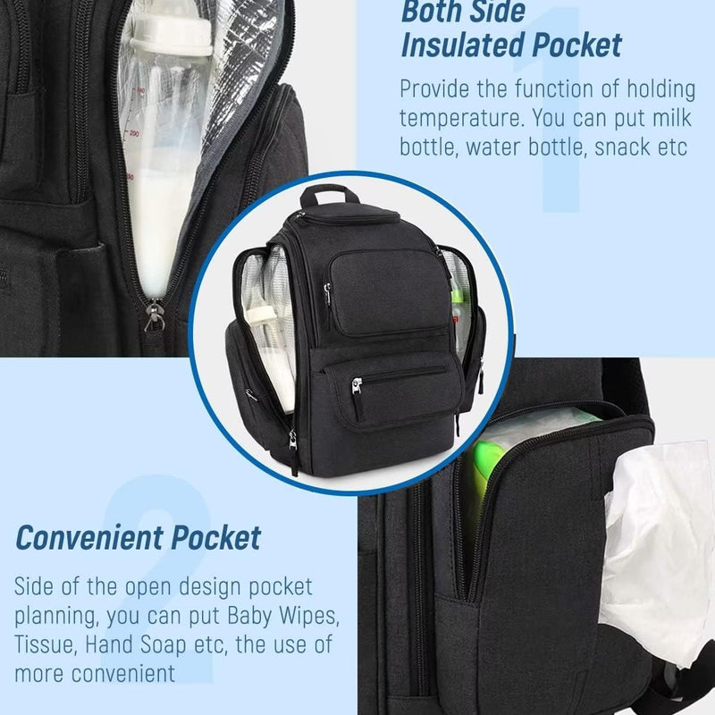 Mancro Diaper Bag Backpack, Dad Diaper Bag with 2 Side Insulated Pockets | Multifunctional Water Resistant Diaper Backpack for Men Women with Stroller Straps, Travel Baby Bag Backpack, Black