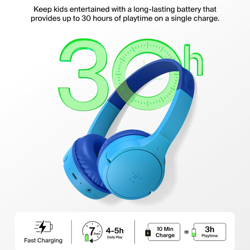 Belkin SoundForm Mini Bluetooth Kids Headphones, On Ear, 30H Battery Life | Toddler headphones, 85dB Volume Limit, Built-in Mic, Wired Connection Option, iPad, Android Tablet, School, Travel