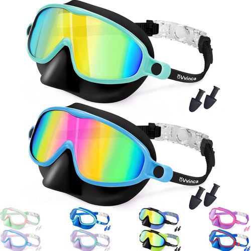 Vvinca Swim Goggles with Nose Cover, 2 Pack Wide View Diving Mask Anti-Fog UV No Leak Toddlers Swimming Goggles for Kids 3-15