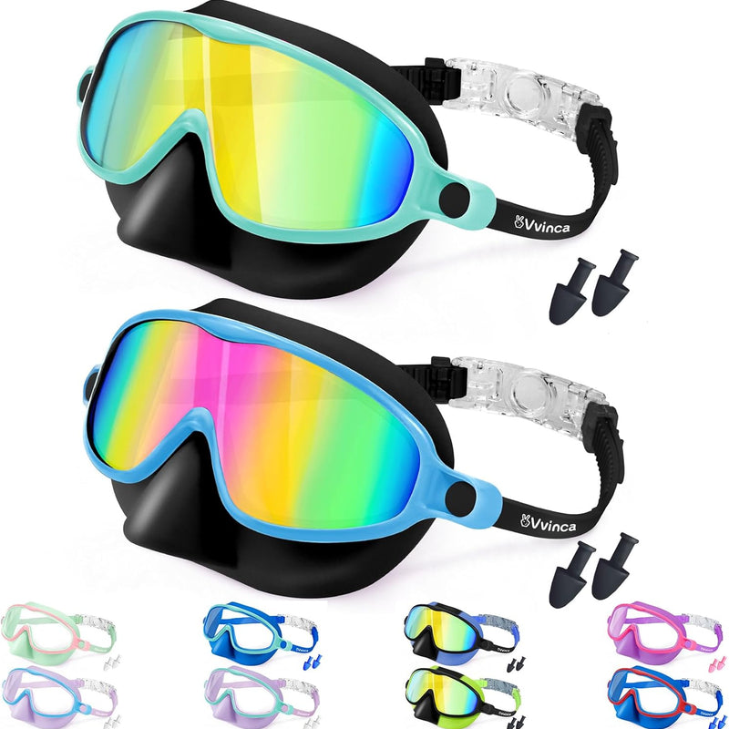 Vvinca Swim Goggles with Nose Cover, 2 Pack Wide View Diving Mask Anti-Fog UV No Leak Toddlers Swimming Goggles for Kids 3-15