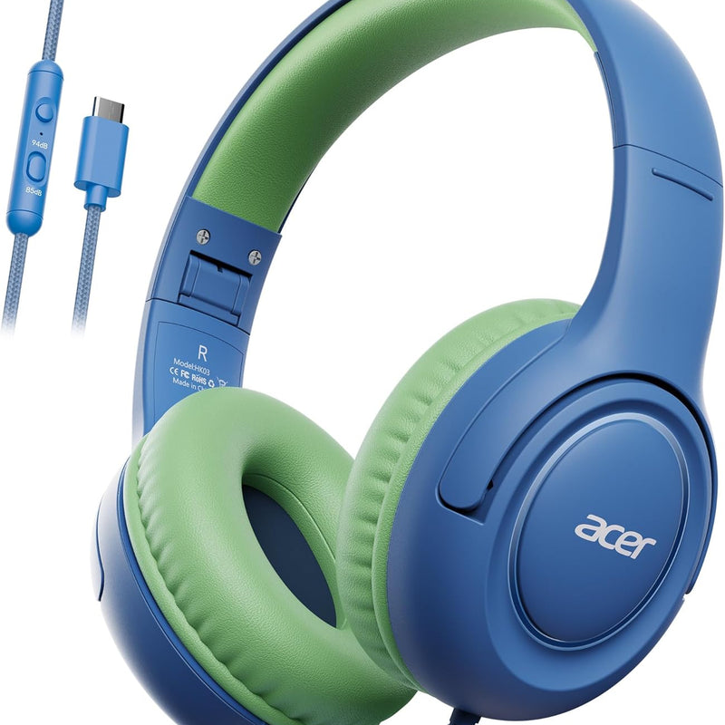 acer kids headphones purple green - over-ear volume limiter 85db foldable stereo sound headset for toddlers girls boys travel learning entertainment