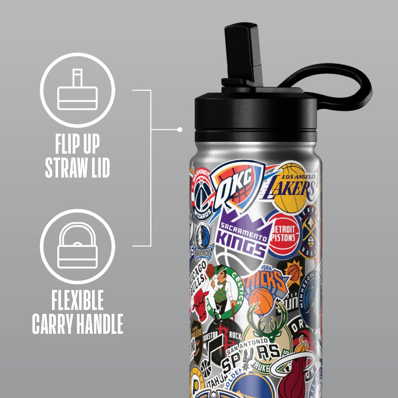 Hydrapeak NBA Officially Licensed All-Team Sticker Print Logo 20oz Kids Water Bottle, Straw Lid & Handle, Insulated Sports Bottle for Sports, Camp, School & Everyday Adventures