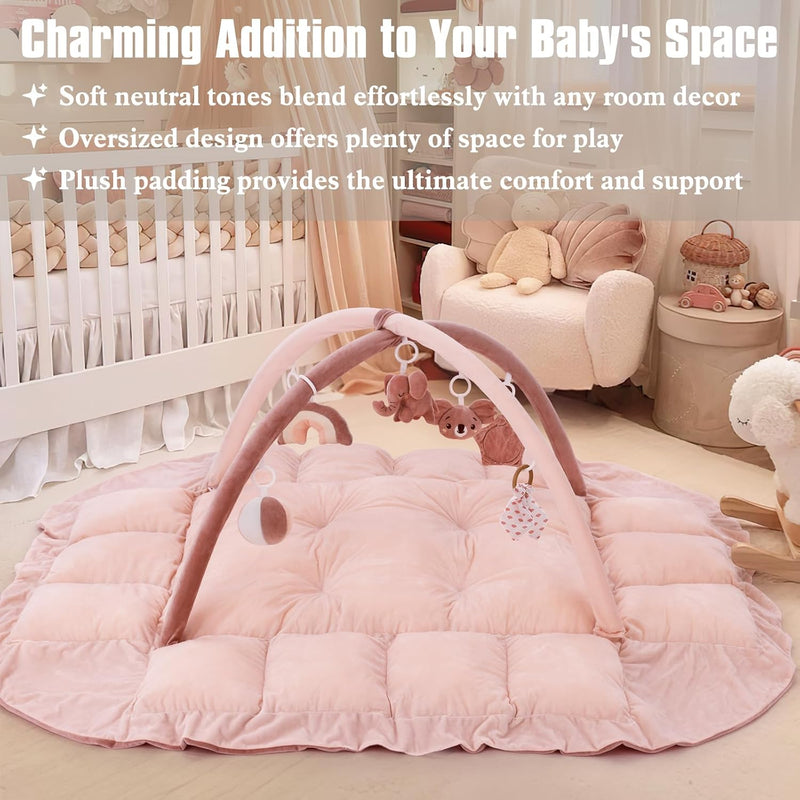 5-in-1 Plush Baby Play Gym, Baby Play Mats, Convertible Baby Gym, Tummy time mat, 6 Sensory Toys, Activity Center, Ball Pit, Pink