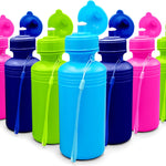 4E's Novelty Bulk Water Sports Bottles for Kids 18 oz - 12 Pack Squeeze Reusable Plastic, Neon Colors, BPA Free, Kids Water Bottles Party Favor Gift Giveaways, End of Year Student Gifts from Teacher