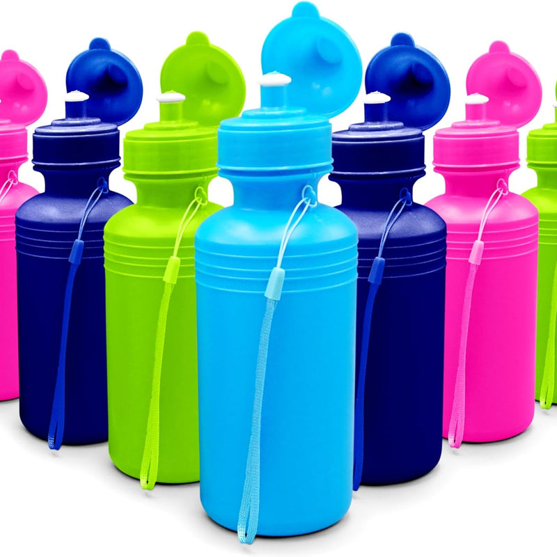 4E's Novelty Bulk Water Sports Bottles for Kids 18 oz - 12 Pack Squeeze Reusable Plastic, Neon Colors, BPA Free, Kids Water Bottles Party Favor Gift Giveaways, End of Year Student Gifts from Teacher