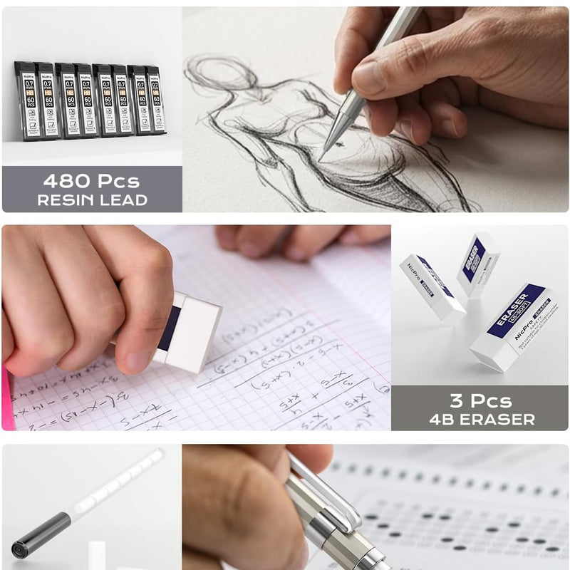 Nicpro 4 Pack Mechanical Pencil 0.7mm with Case, MB1000 Metal Mechanical Pencil Set with 6 Tube HB #2 Lead Refill 0.7 mm, 3PCS 4B Eraser, 9 Cap Eraser for Artist Drafting Writing, Sketching, Drawing