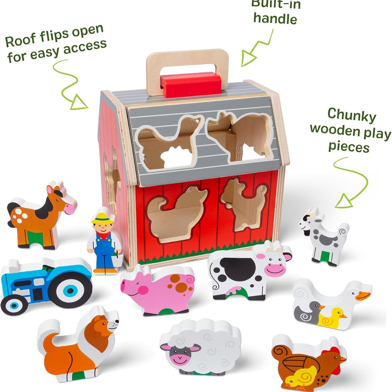 Melissa & Doug Take-Along Wooden Toy Barn with Farm Animals & Pop-Up Roof, Preschool Learning Toys