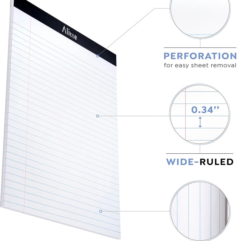 Alitte Legal Notepads 8.5 x 11, Pack of 12 - Perforated Wide Ruled Writing Pad - Premium Thick Paper, No Ink Bleeding - Blank Legal Pads For Home, Office, School, Business - 50 Sheets Per Notebook