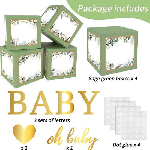 Sage Green RUBFAC Baby Shower Decorations Set 4pcs with Letters and Balloon Boxes