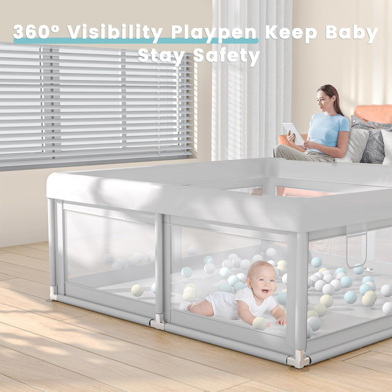 Hiaksedt Baby Playpen 50x50 Inch, Play Pens for Babies and Toddlers | Baby Fence for Indoor & Outdoor, Sturdy Safety Play Yard with Soft Breathable Mesh, Anti-Fall, Grey