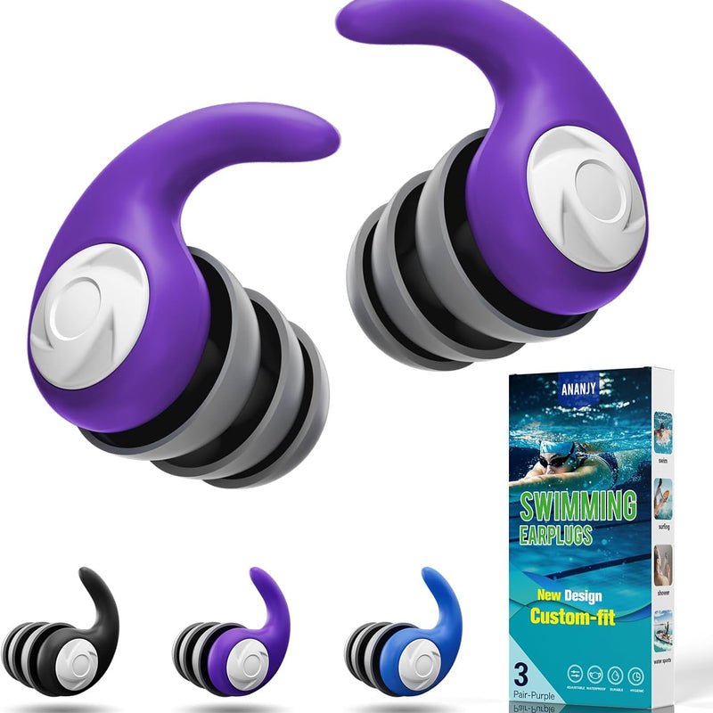Waterproof Swimming Ear Plugs for Adults Kids, 3 Pairs Reusable Silicone | Reusable swim earplugs for pools, surfing, diving, showering and water sports, Keep Water Out and Ear Protection