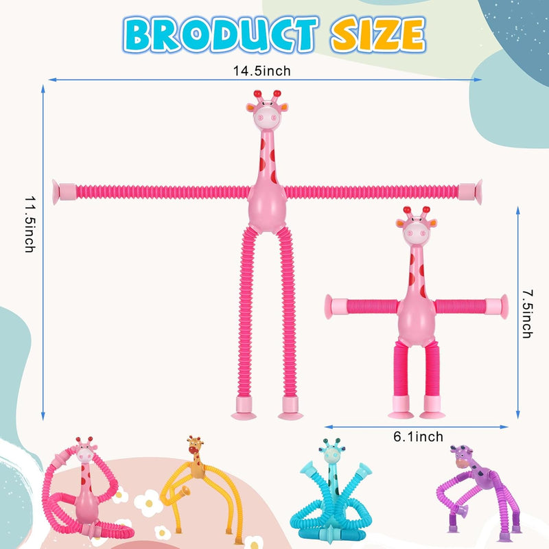 xonteus 4 pcs pop tubes giraffe toys, telescopic suction cup sensory fidget toys for kids, travel friendly entertainment essentials