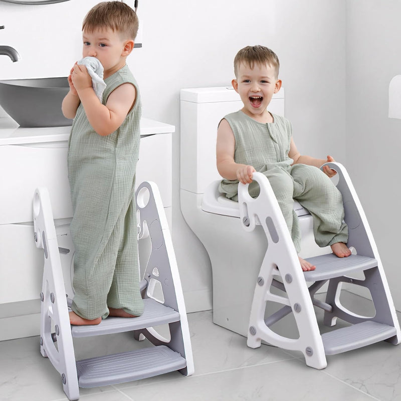 Potty Training Toilet, 2-in-1 Stable Potty Seat with Step Stool | Adjustable Seat and Step Height, Extra Wide Step, Anti-Slip Pad, Splash Guard, for Boys and Girls, Grey