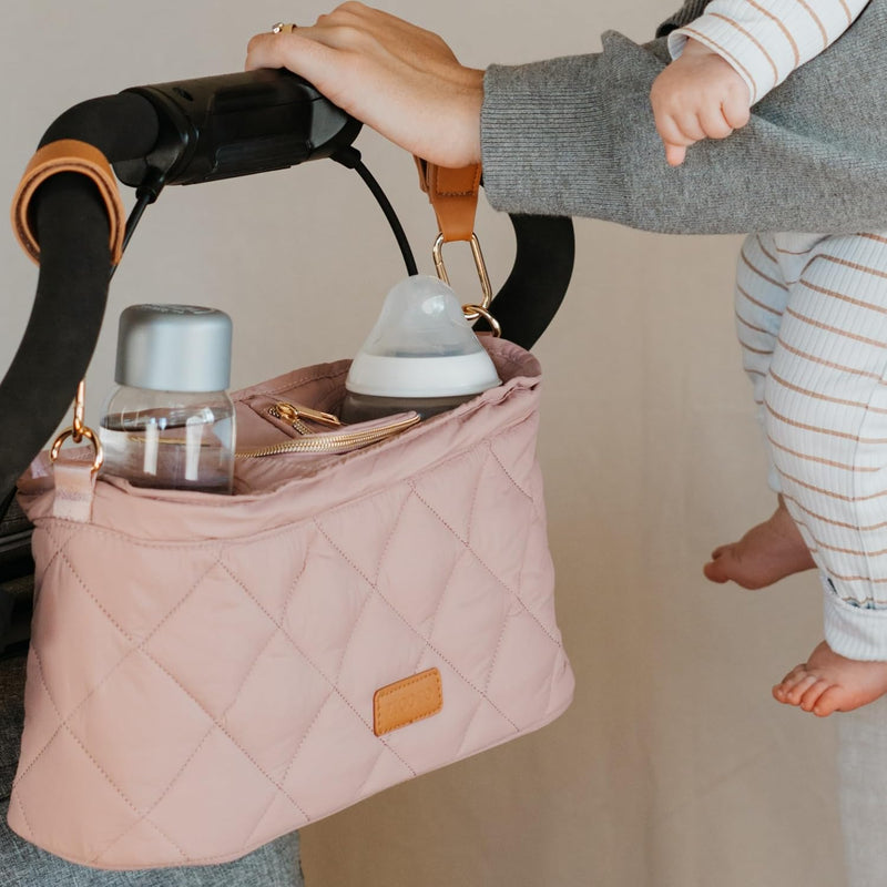 Beautiful Stroller Caddy Organizer With 2 Cup Holders - Zipper Pocket Bag | Luxury Stroller Bag with Universal Fit and Leather Straps - Spacious Accessories Perfectly Fits Doona, Nuna and Uppababy