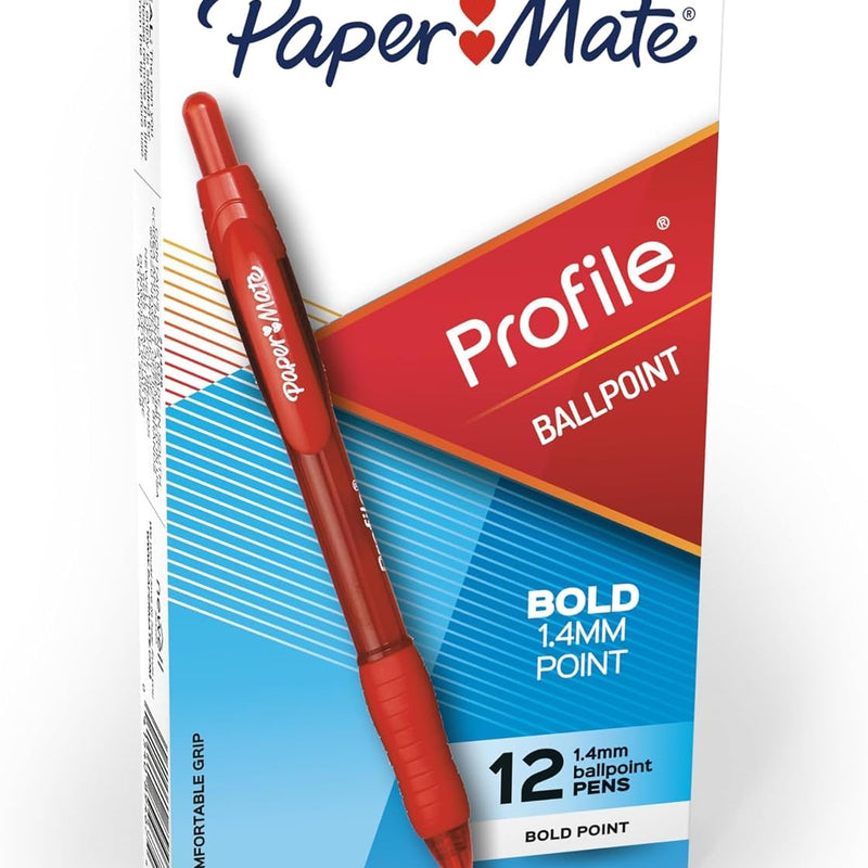 Paper Mate Profile Retractable Ballpoint Pens, Bold Point (1.4mm), Blue Ink, 12 Count - Writing, Office, Teacher Supplies