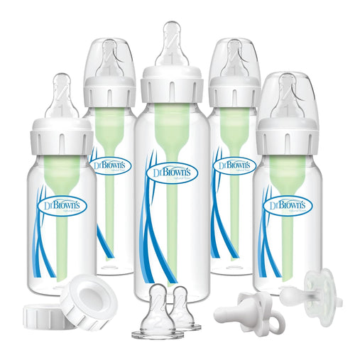 Dr. Brown's Natural Flow Anti-Colic Options+ Narrow Baby Bottle Gift Set with Advantage Pacifier & Bottle Travel Caps, 0m+