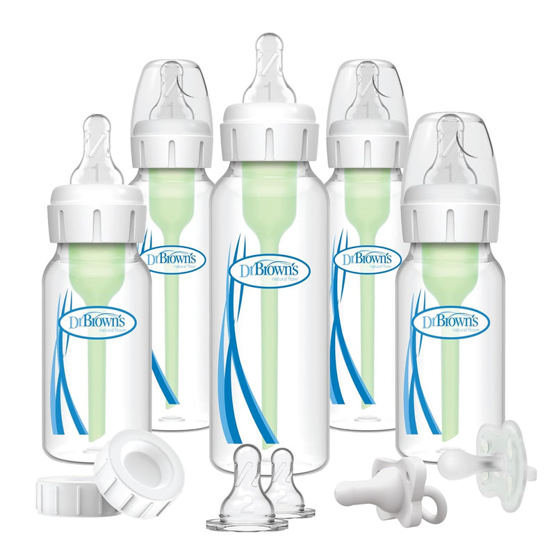 Dr. Brown's Natural Flow Anti-Colic Options+ Narrow Baby Bottle Gift Set with Advantage Pacifier & Bottle Travel Caps, 0m+