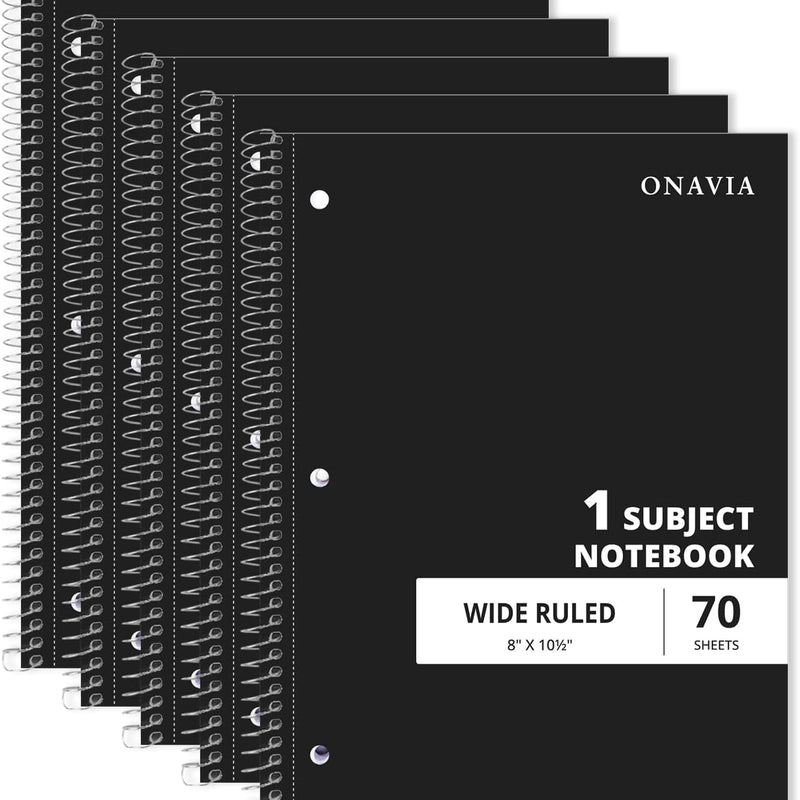 ONAVIA 1 Subject Spiral Notebook Wide Ruled 5 Pack, 140 Pages, Assorted | 70 Sheets, 7.5 x 10.5 in, 3-Hole Punched, School Notebook, Wide Ruled Paper, Study, Students
