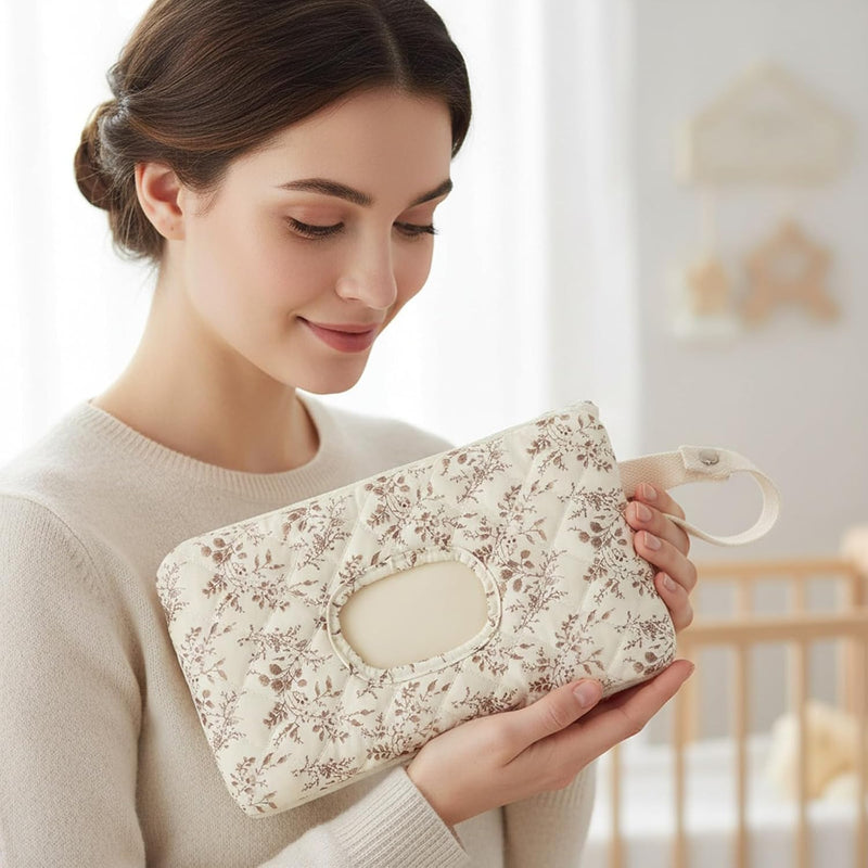 Quilted Baby Wipe Holder Floral Wipe Pouch Portable Hanging Wet Wipes Bag for Stroller, Travel