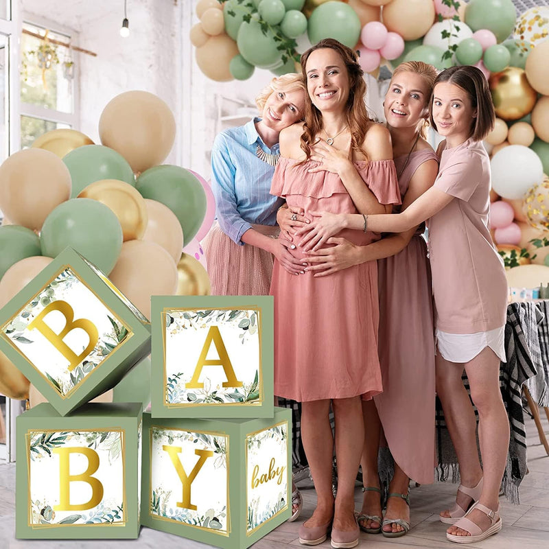 Sage Green RUBFAC Baby Shower Decorations Set 4pcs with Letters and Balloon Boxes