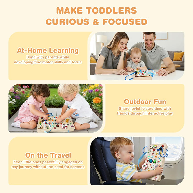 Montessori Wooden Busy Board with LED Lights, Music & Spinning Top for Toddler Sensory Development