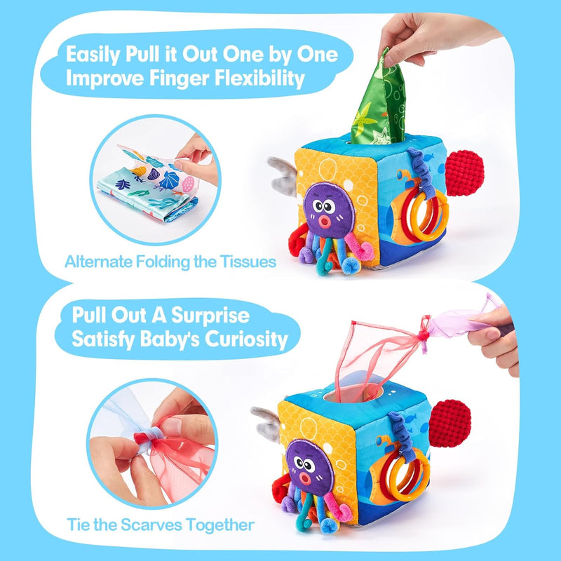 hahaland Baby Tissue Box Toy 6-12 Months Montessori Toys 6 7 8 9 Month Old | Textured Tails, Crinkle Tissues, Squeaky, Mirror, Pull & Hang Ring, Play Silks Sensoy Scarves Soft Baby Gift Busy Travel Toys