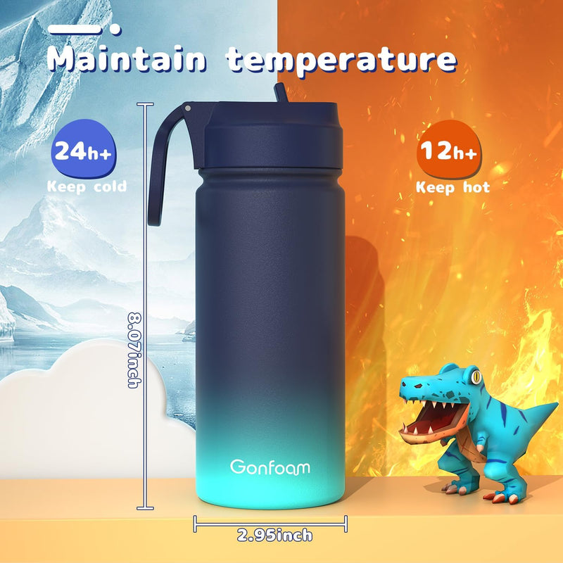 Gonfoam 16oz Kids Stainless Steel Insulated Water Bottle, 2 Pack | DIY Stickers, BPA-free, Leak-proof, Sturdy, Keeps Cold 24h, Easy to Carry, Easy to Clean, Back to School, Gifts