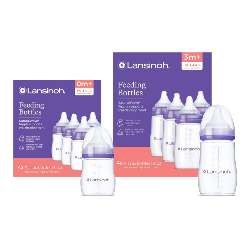 Lansinoh Anti-Colic Baby Bottles, BPA-Free Plastic, 5 Ounces, 4 Count, Extra Slow Flow Nipples (Size XS), Breastfeeding Bottle with NaturalWave Design