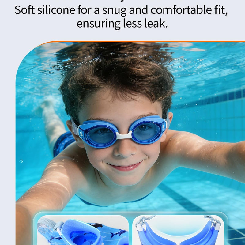 Pixel Panda Kids Swim Goggles with Fabric Strap for 3-12, No Hair Pulling | Kids swimming goggles with soft cloth strap for toddler/boys/girls/children, anti-fog anti-UV, no leak, no raccoon eyes