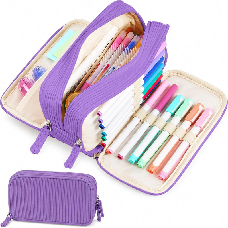Sooez Big Capacity Pencil Case Pen Pouch, Soft Corduroy Pencil Bag with 3 Compartment, Multiple Pockets, Sturdy Zipper, Cute School Supplies Pen Bag Organizer For Teen Girls College, Beige