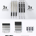 Nicpro 6PCS Art Mechanical Pencil Set, 3PCS Metal Drafting Pencil 0.5 mm & 0.7 mm & 0.9 mm & 3PCS 2mm Graphite Lead Holder (2B HB 2H) For Writing, Sketching Drawing With Lead Refills Case