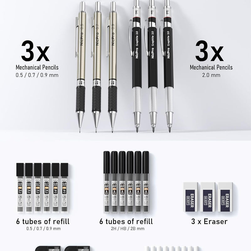 Nicpro 6PCS Art Mechanical Pencil Set, 3PCS Metal Drafting Pencil 0.5 mm & 0.7 mm & 0.9 mm & 3PCS 2mm Graphite Lead Holder (2B HB 2H) For Writing, Sketching Drawing With Lead Refills Case
