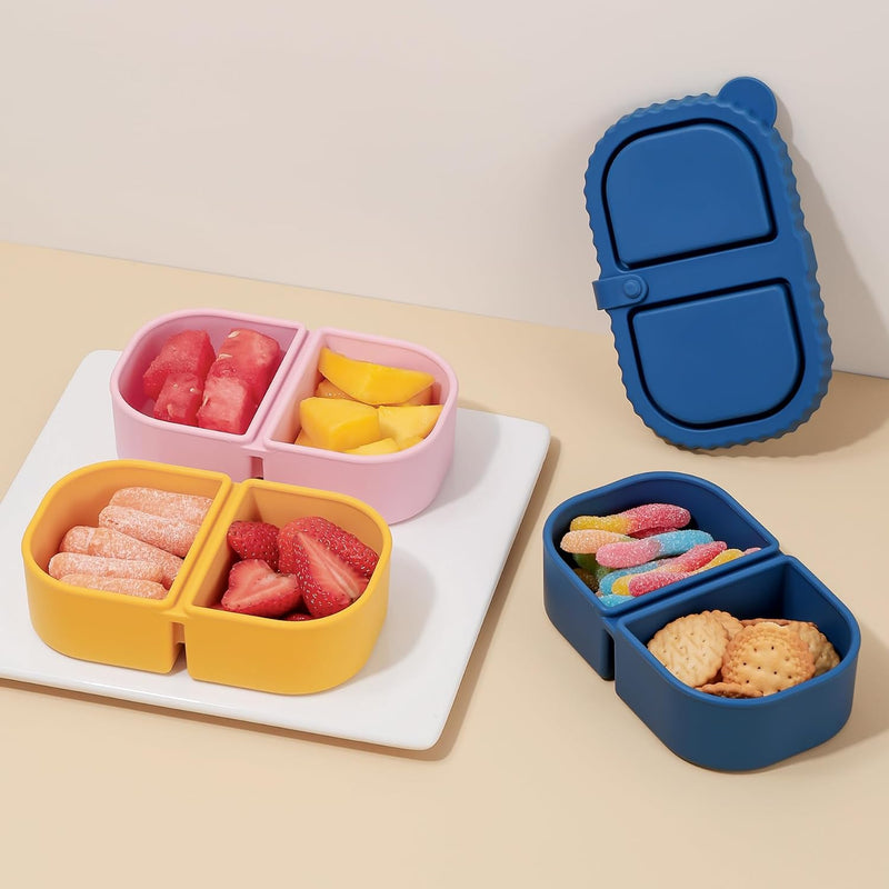 3 Pack Silicone Reusable Snack Containers with Lids - 8 oz Double Compartment Snackle Box for Kids & Adults, BPA-Free & Leakproof, Small for Dressing, Snacks, School, Office, Picnic