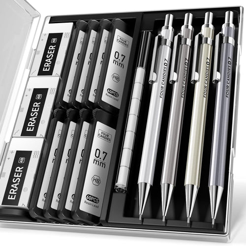 Four Candies 4PCS Metal Mechanical Pencil Set with 0.7mm Medium Point, 480 Leads, 12 Erasers, Fancy Mechanical Pencils Pack with Case for School Writing, Art Drawing & Drafting