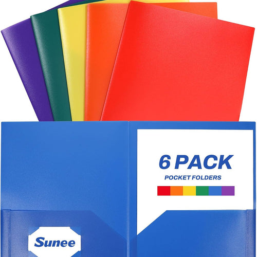 SUNEE Folders with Pockets (6 Pack, Assorted Colors), Plastic Folders with Pocket, Poly Folder for Documents Letter Size, 2 Pocket Folder for Kids, Home, School, Office