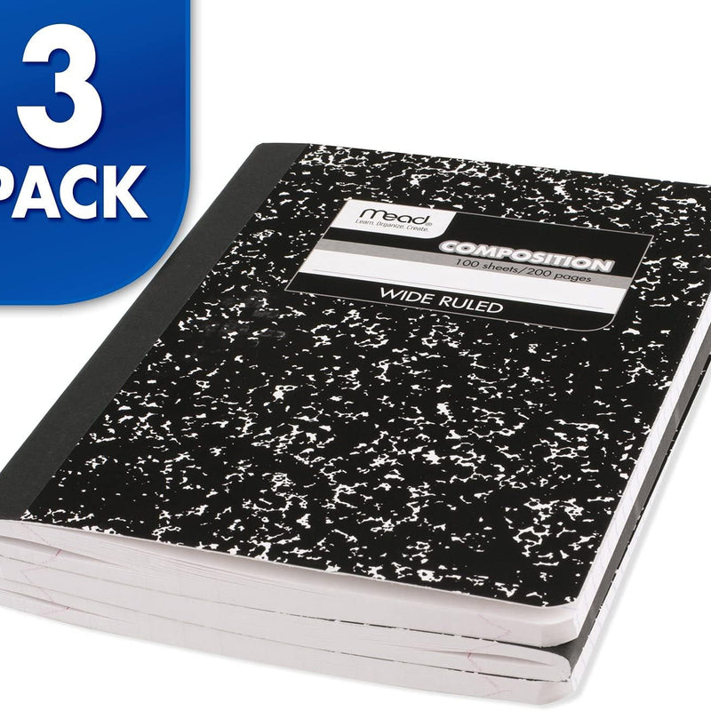 Mead Composition Notebook, 3 Pack, College Ruled Paper, 7-1/2" x 9-3/4", 100 Sheets per Comp Book, Black Marble (38111)