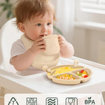 Silicone Baby Feeding Set 9 Pcs, Spill-Proof Suction Plate, Bowl, Bib, Silicone spoon&forks, Wooden Spoons&forks, Training cup with straw and Sippy Cup, Baby Eating Utensils (Green)