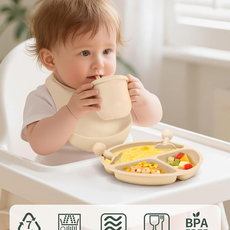 Silicone Baby Feeding Set 9 Pcs, Spill-Proof Suction Plate, Bowl, Bib, Silicone spoon&forks, Wooden Spoons&forks, Training cup with straw and Sippy Cup, Baby Eating Utensils (Green)