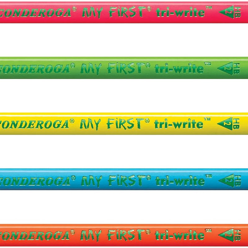 Ticonderoga My First Tri-Write Wood-Cased Pencils, Pre-Sharpened, 2 HB, With Erasers, Neon Colors, 12 Count