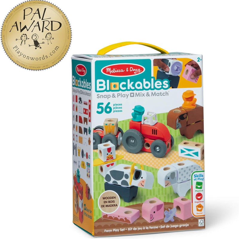 Melissa & Doug Blockables Farm Snap and Play Connectable Wooden Blocks Play Set for Preschoolers (56 Pcs)
