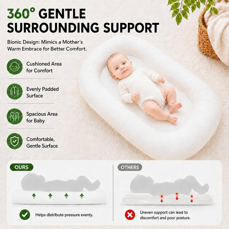 Baby Lounger for Newborns 0-24 Months - Baby Essentials | Soft Breathable Cotton Infant Support Cushion for Tummy Time & Play, Portable Infant Lounger - Cloud White (Cover Included)