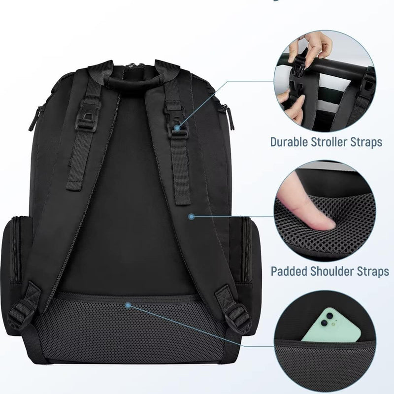 Mancro Diaper Bag Backpack, Dad Diaper Bag with 2 Side Insulated Pockets | Multifunctional Water Resistant Diaper Backpack for Men Women with Stroller Straps, Travel Baby Bag Backpack, Black
