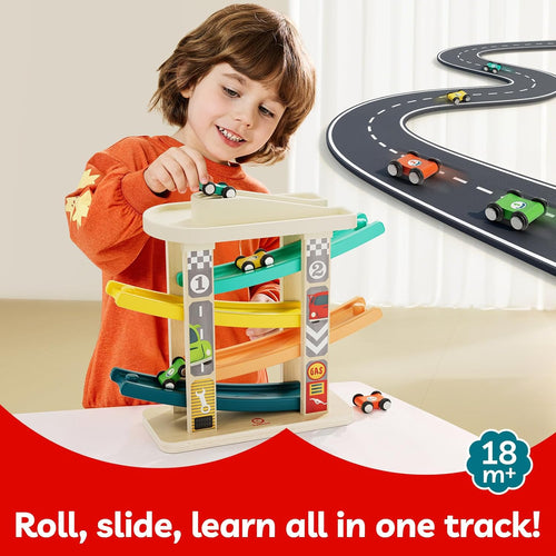 TOP Bright Toddler Wooden Race Track Car Ramp Toys with 4 Mini Cars and 1 Car Garage