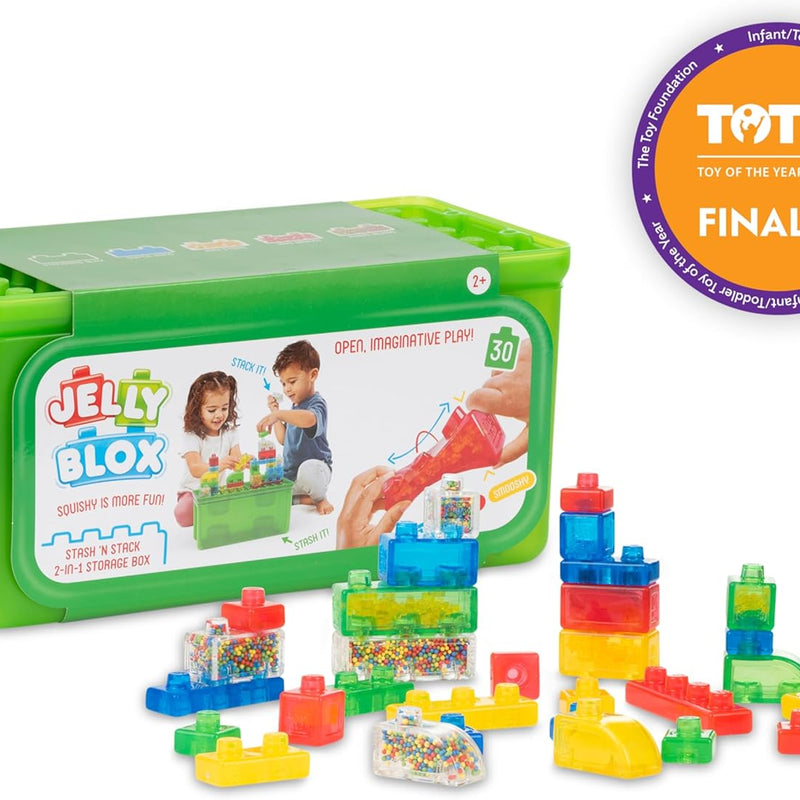 Jelly Blox Stash 'N Stack 2-in-1 Storage Case with 30 Blocks for Toddler Sensory Play Toy Ages 2+