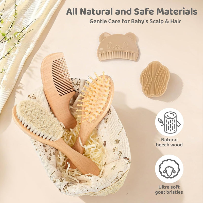 5 Piece Baby Hair Brush Set, Wooden Baby Brush and Comb Set with Natural Soft Goat Hair Bristles, Cradle Cap Brush, Baby Essentials Grooming Kit for Boy Girl